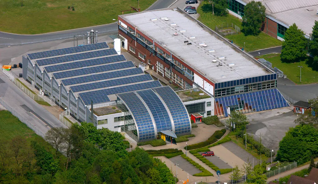 Aerial photo, Shell Solar Factory Rotthausen, Gelsenkirchen, Ruhr area, North Rhine-Westphalia, Germany, Europe